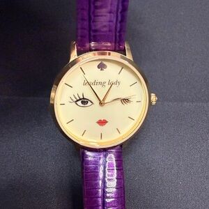 Kate Spade New York Gold Watch Leading Lady Winking Face Purple Leather